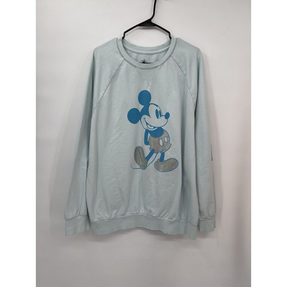 Disney Parks L Sweatshirt Women‎ Light Blue Mickey Mouse Iridescent Logo Raglan